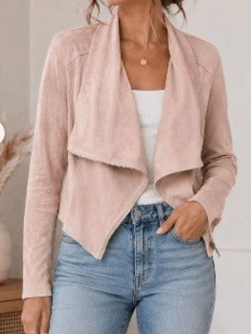BlankNYC Women's Size Large Pale Pink Faux Suede Cascade Front Cardigan